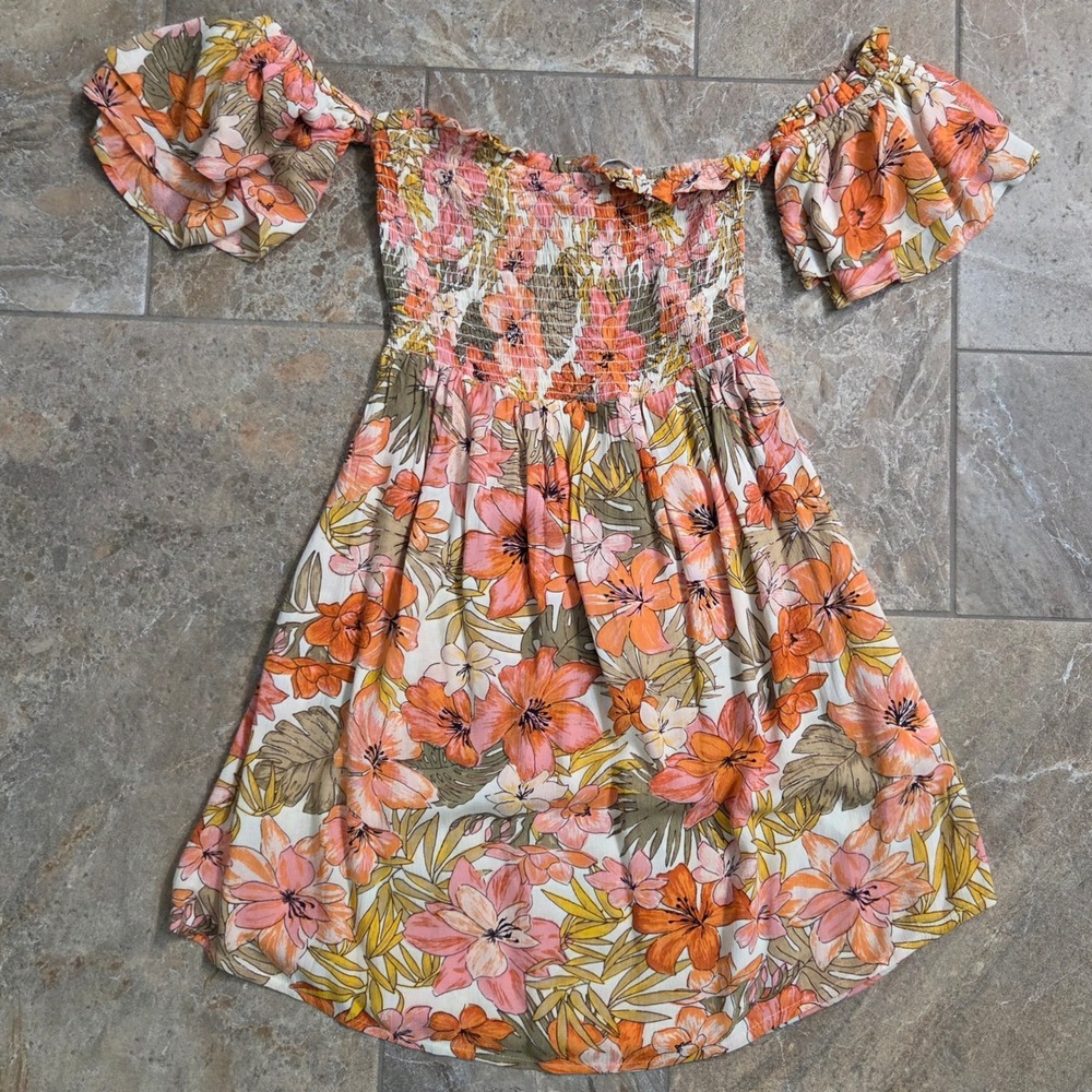 Billabong Women Floral Smocked Off Shoulder Mini Dress Orange Pink S Beachy Boho